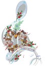 Winter music. Abstract winter treble clef decorated with Christmas wreath, holy and snow.